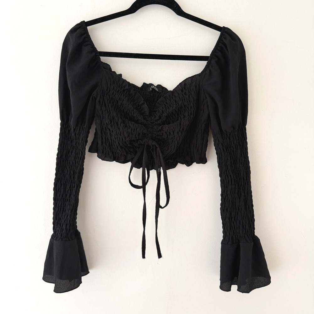 Black Smocked Ruched Crop Top 16W Bell Sleeve Witchy Goth Y2K Romantic